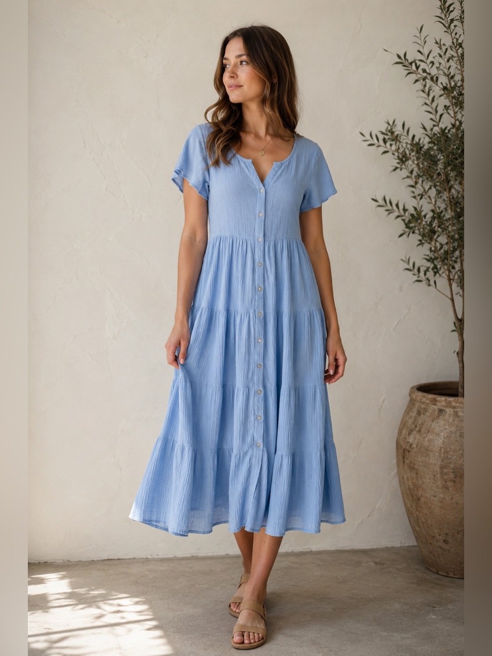 Soft Surroundings Blue Cotton Gauze Tiered Midi Dress Cottagecore Boho Prairie S